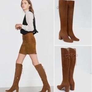 Zara Basic Suede Lace Up Over The Knee Boots Size 38